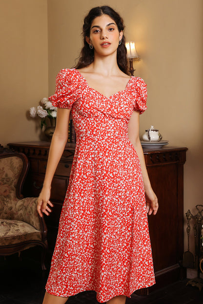 Puff Sleeve Slit Midi Dress Red
