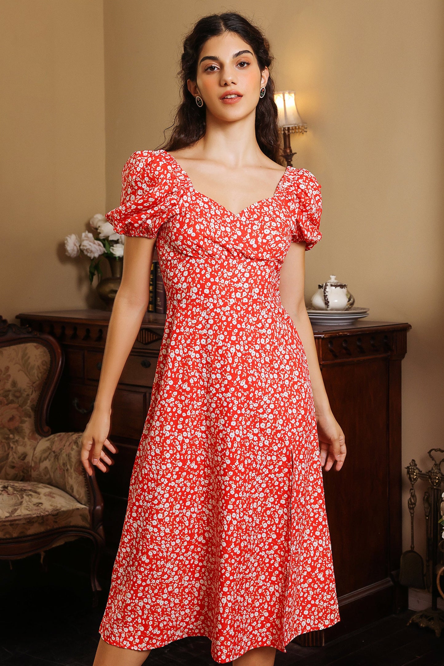 Puff Sleeve Slit Midi Dress Red
