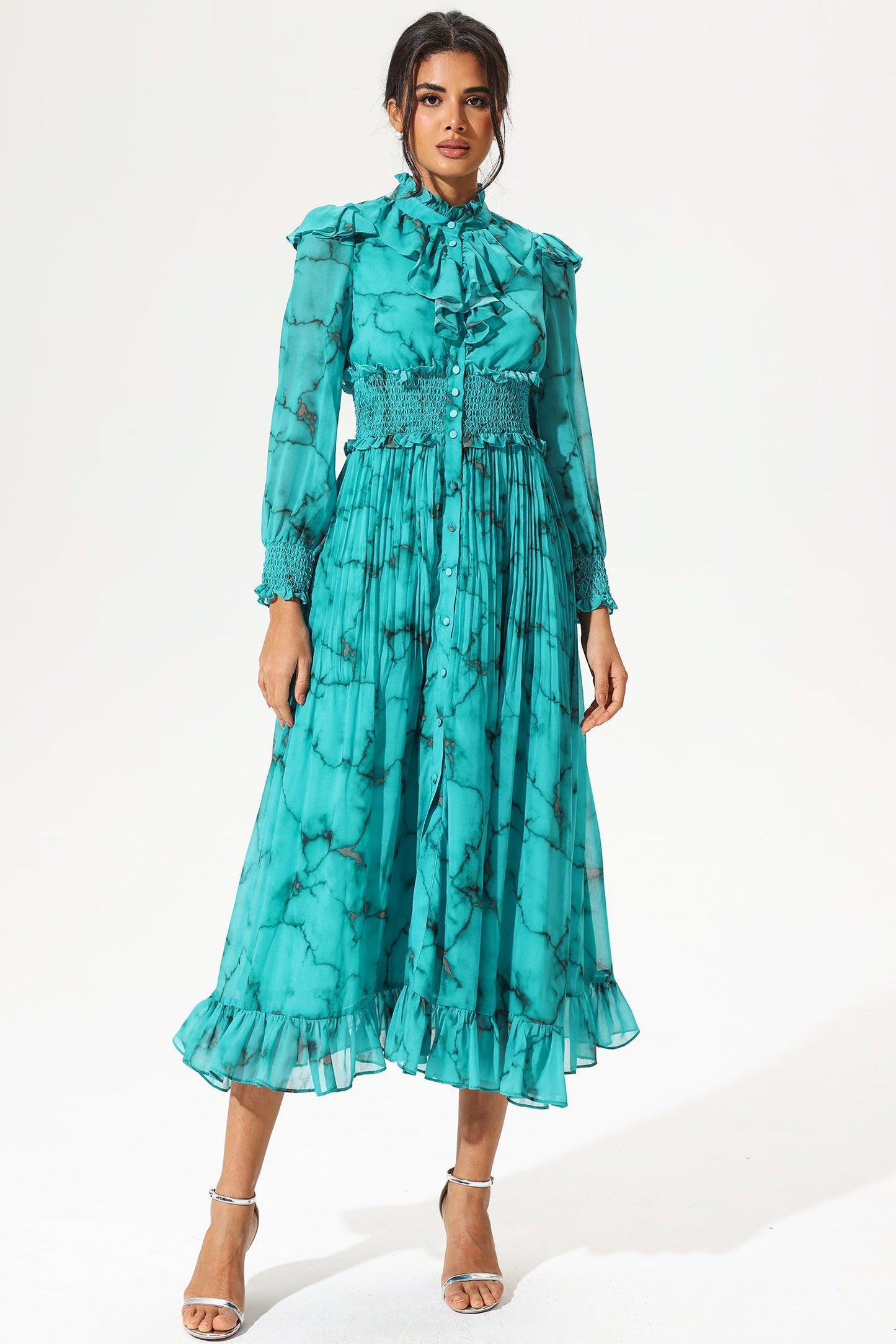 Lantern Sleeve Stand Collar Smocked Elastic Buckle Maxi Dress
