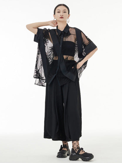 Stylish Loose Half Sleeves Buttoned Mesh Hollow See-through Blouses&shirts Tops