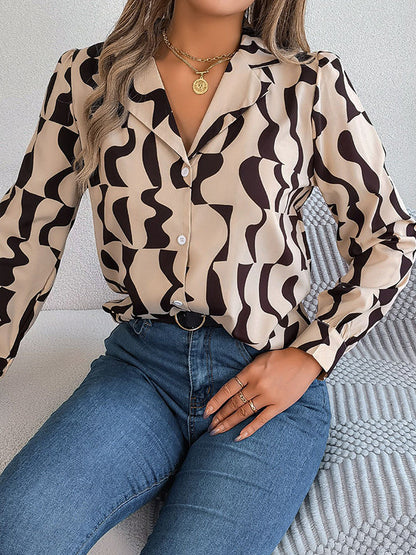 Long Sleeves Buttoned Contrast Color Notched Collar Blouses&shirts Tops