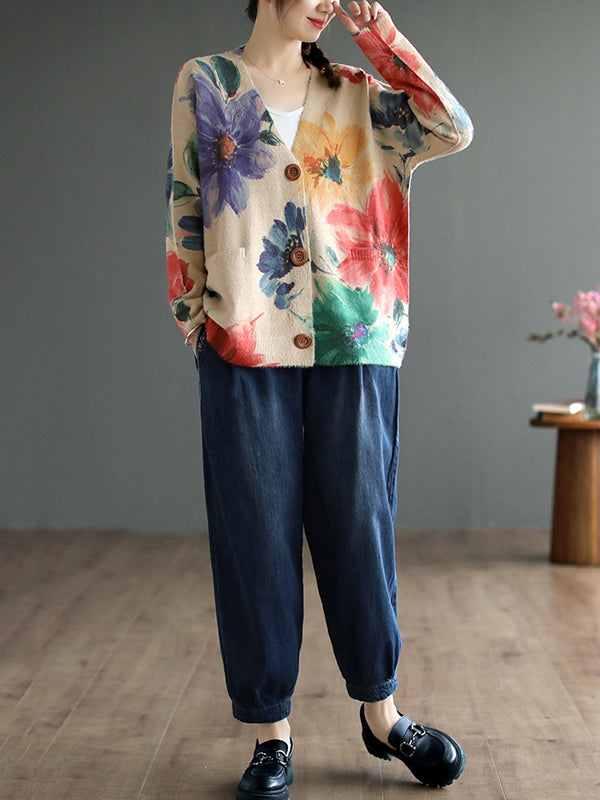 Long Sleeves Loose Buttoned Printed Contrast Color V-neck Cardigan Tops