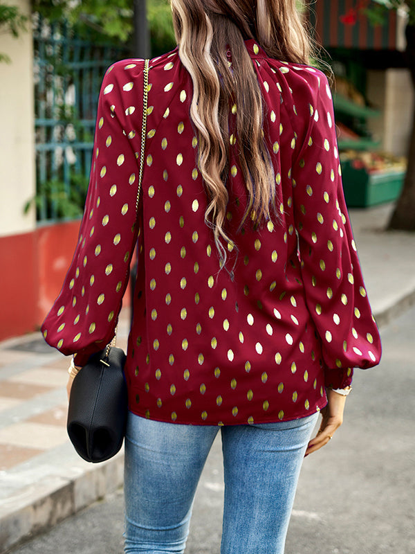 Long Sleeves Loose Bronzing Hollow Mock Neck Blouses&shirts Tops