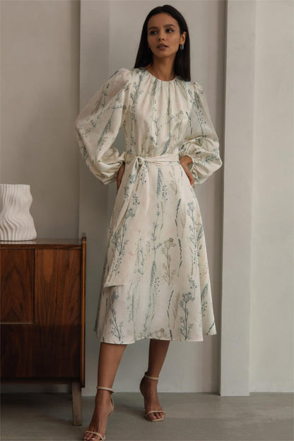 Lantern Sleeve Crew Collar Lace Up Midi Dress