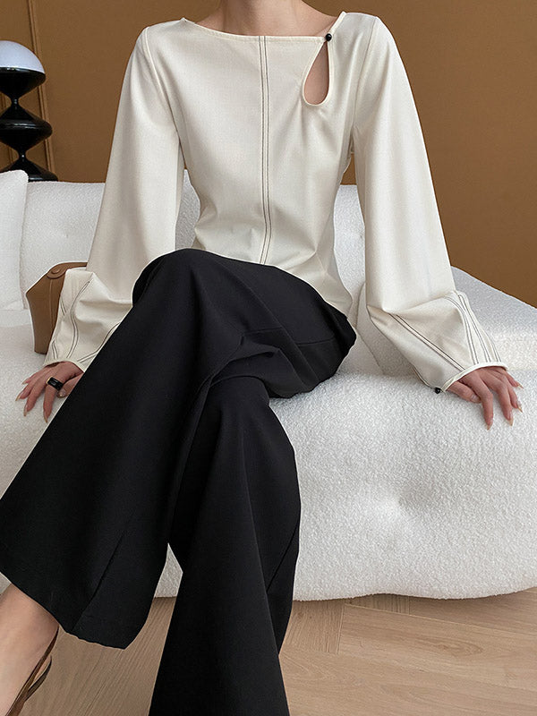 Long Sleeves Loose Asymmetric Belly-hollow Color Round-neck Blouses&shirts Tops