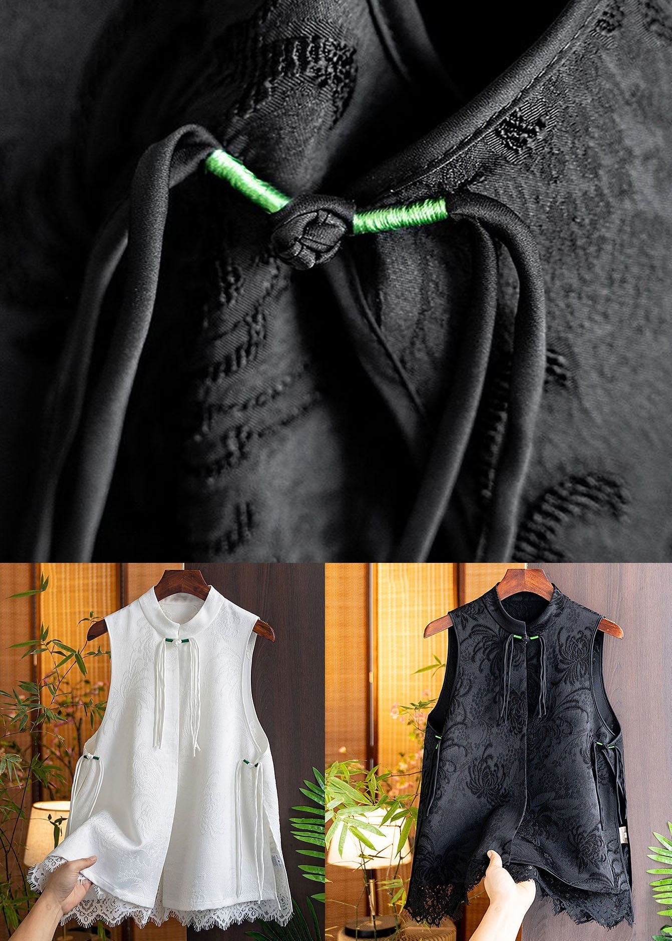 Black Tasseled Patchwork Lace Side Open Silk Vest Sleeveless