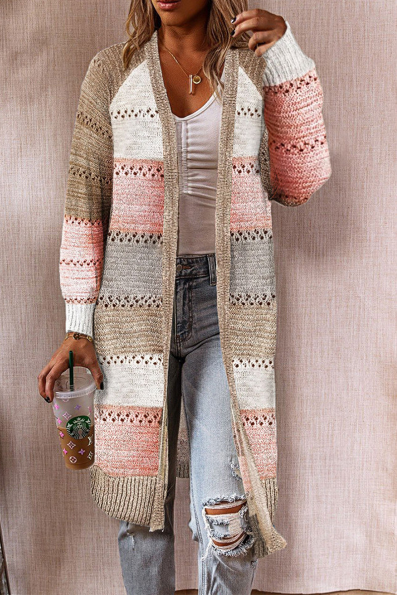 Patchwork Hollowed Out Cardigan Collar Outerwear