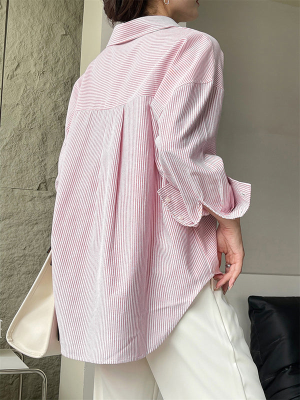 Urban Loose Striped Lapel Collar Blouses&shirts Tops