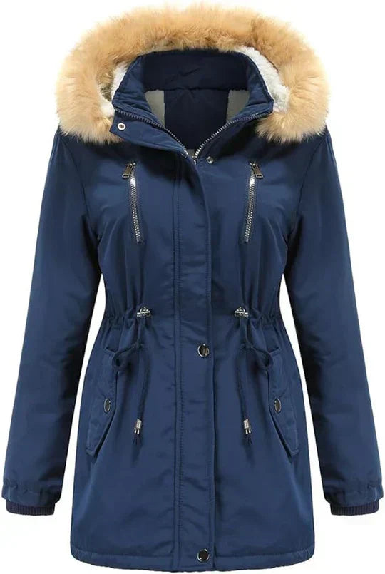 JO | long coat with faux fur hood and fleece lining