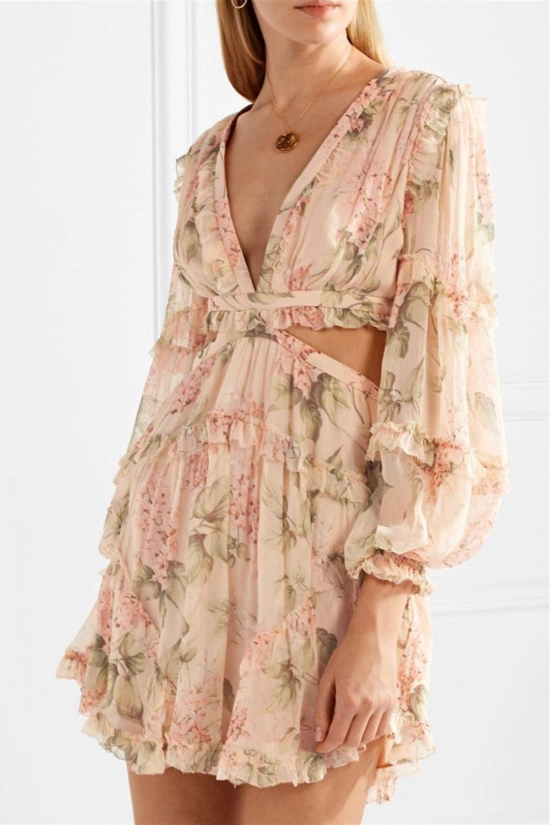 Long Sleeve V-neck Cut-out Mini Dress