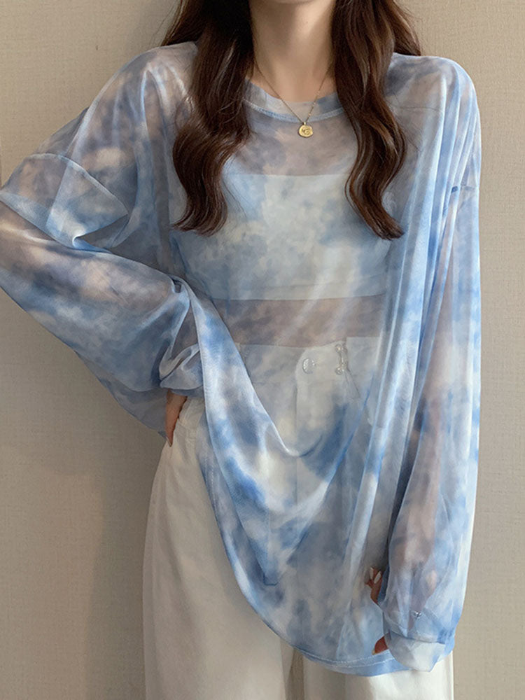 Tie Dye Long Sleeve T-shirts Breathable Summer O-neck Design Mesh Sun-proof Loose Tshirts Korean Style All-match Tops