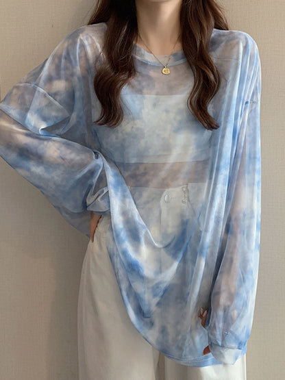 Tie Dye Long Sleeve T-shirts Breathable Summer O-neck Design Mesh Sun-proof Loose Tshirts Korean Style All-match Tops