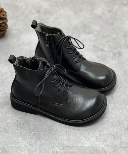 Chocolate Boots Cowhide Leather Warm Fleece Lace Up Boots