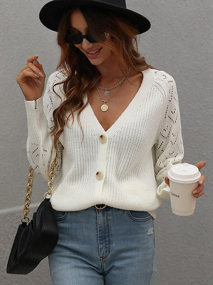 Long Sleeves Loose Color V-neck Cardigan Tops