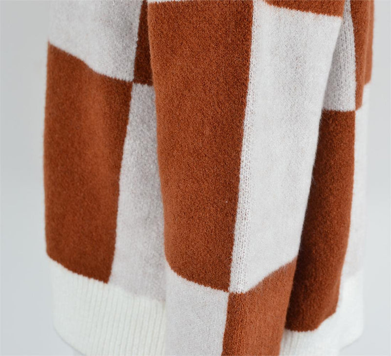 Autumn Winter ’s Plaid Stitching Knitwear Cardigan Sweater Coat