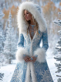 Comstylish Vintage Snowflakes Glitter Embroidered Fur Trim Cozy Coat