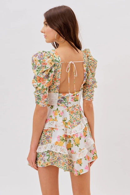 V-neck Puff Sleeve Ruffle Hem Mini Dress Yellow