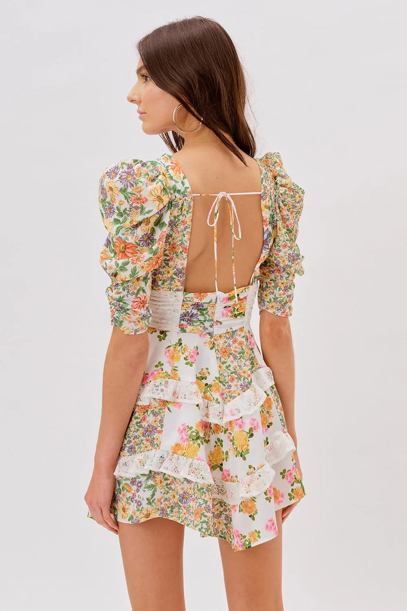 V-neck Puff Sleeve Ruffle Hem Mini Dress Yellow