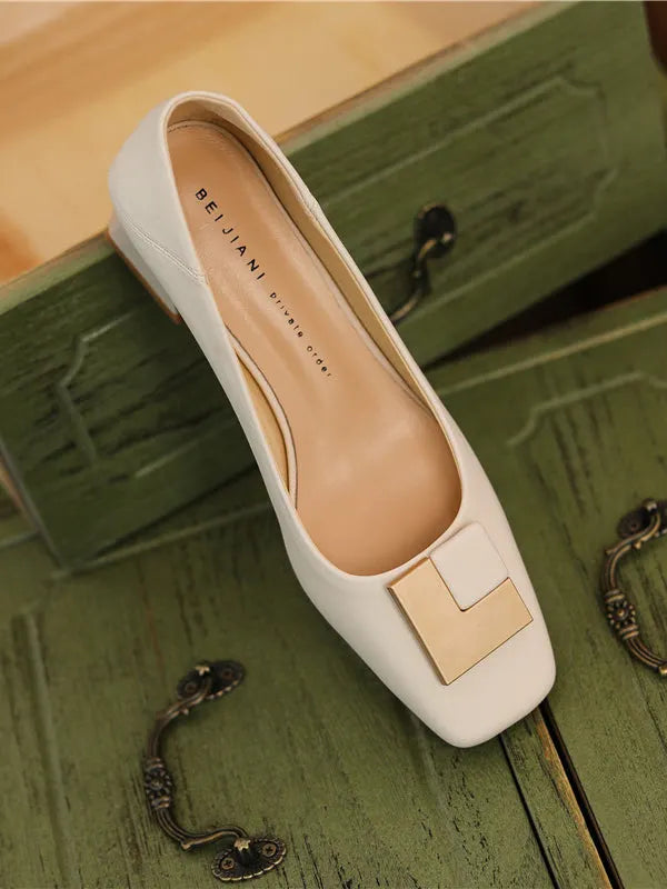 Square Buckle Chunky Square Mid Heel Shoes