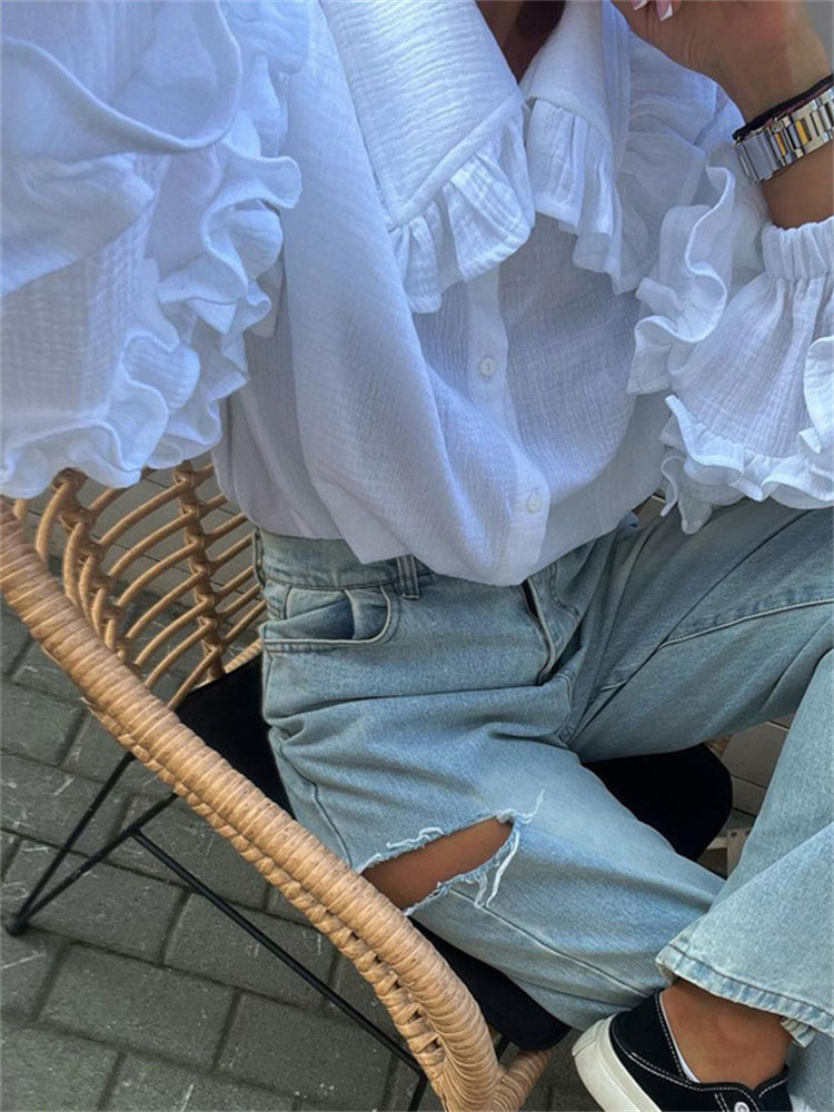 Tossy White Ruffled Shirts for Patchwork Cardigan Lapel Long Sleeve Outwear Slim Shirts New