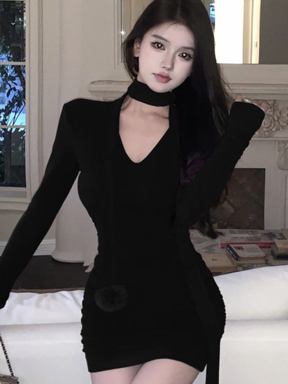 Mini Dress Autumn Spring V-neck Halter Long Sleeve Wrap Hip Slim Korean Style Y2k Simple Vestidos Mujer