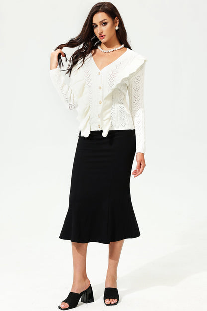 Long Sleeve V-neck Ruffled Button Cardigan White