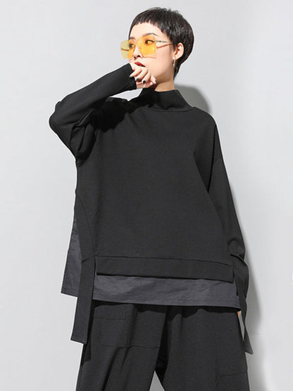 Black False-two Split-joint High-neck Sweatshirt T-shirt