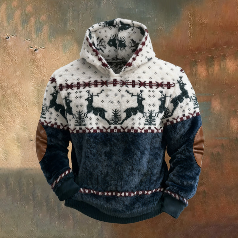 Comstylish Men's Vintage Merry Christmas With Deer Art Hooded Flannel Sweatshirt