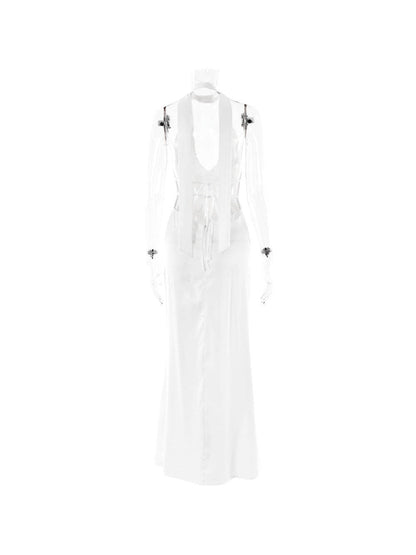 Halterneck Lace Up V Neck Backless Maxi Dress