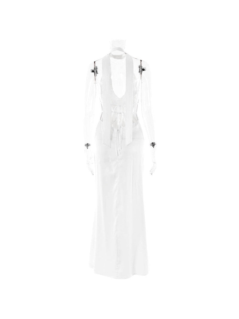 Halterneck Lace Up V Neck Backless Maxi Dress