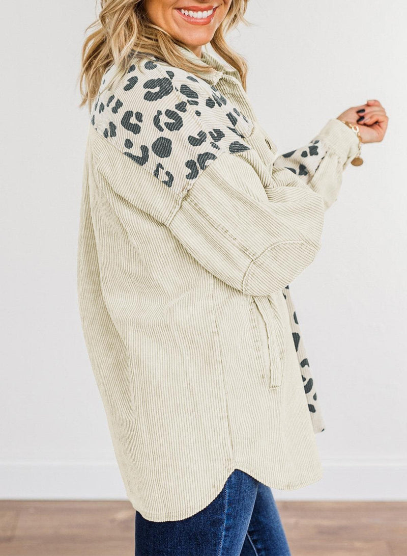 Leopard Print Corduroy Shacket: ’s Autumn Winter Mid Length Cardigan Top