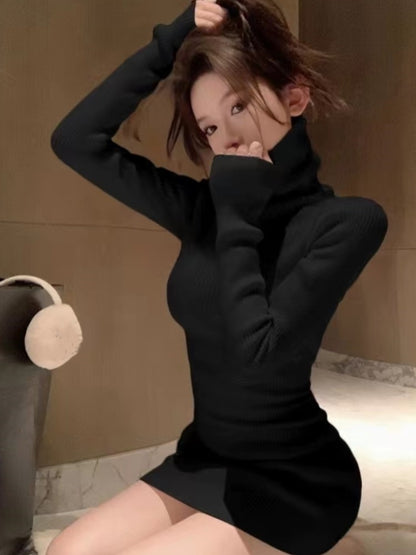 Korean Style Knitted Dress Long Sleeve Turtleneck Autumn Simple Mini Dresser Y2k Wrap Hip Vestidos New