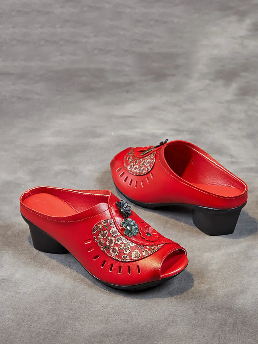 Summer Leather Flower Mid-heel Sandals Oo1050