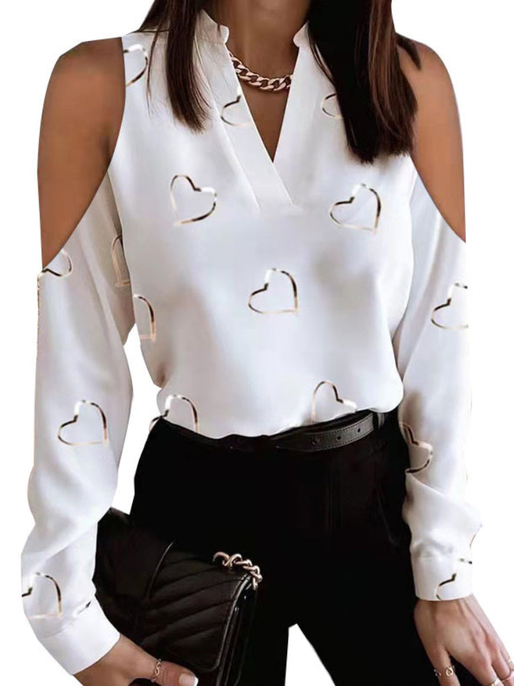 Original Loving Heart Printed Loose Long Sleeves Hollow V-neck Blouses&shirts Tops