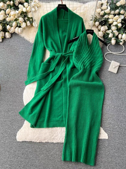 Autumn Winter Color High Grade Cardigan Slim Fit Halter Dress Knitting Suit