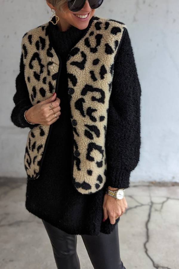 Leopard Print Front Opening Autumn and Winter Vest Jacket