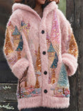 Colorful Glitter Christmas Trees Landscape Cozy Hooded Cardigan