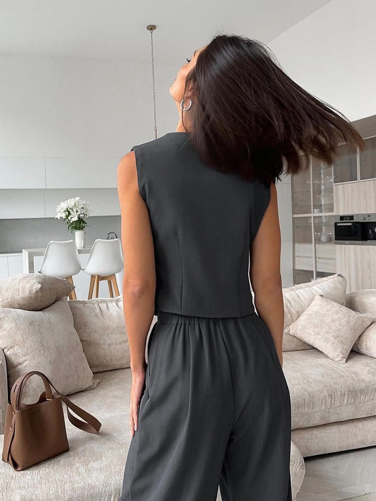 V-neck Waistcoat With Wide Leg Pants Set