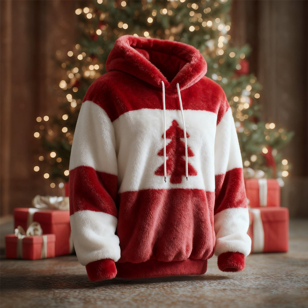 Comstylish Vintage Christmas Tree Striped Pattern Cozy Plush Hoodie