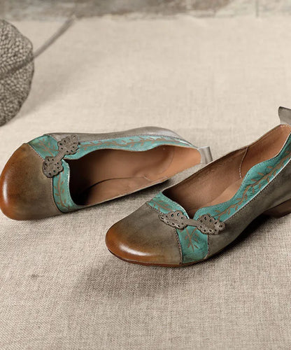 Grey Print Cowhide Leather Flat Shoes for Splicing Flats