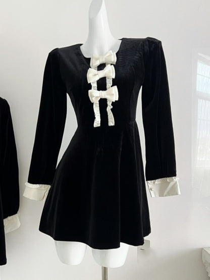 Patchwork Velet Mini Dress Bow Long Sleeves O-neck A-line Autumn French Evening Party Vestidos Mujer New