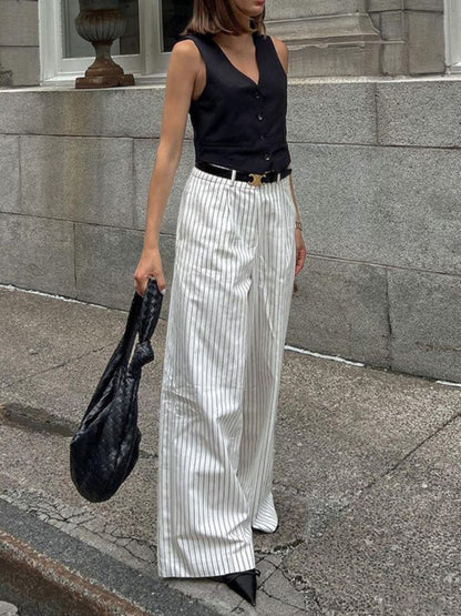 Tossy ’s Black White Stripe Wide Leg Pants New High Waist Zipper Loose Work Business Pants With Pockets