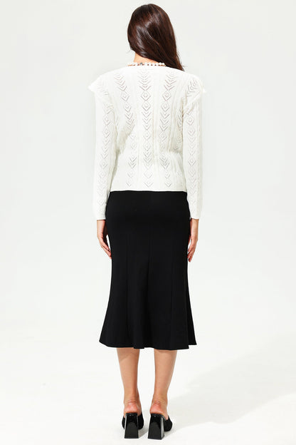 Long Sleeve V-neck Ruffled Button Cardigan White