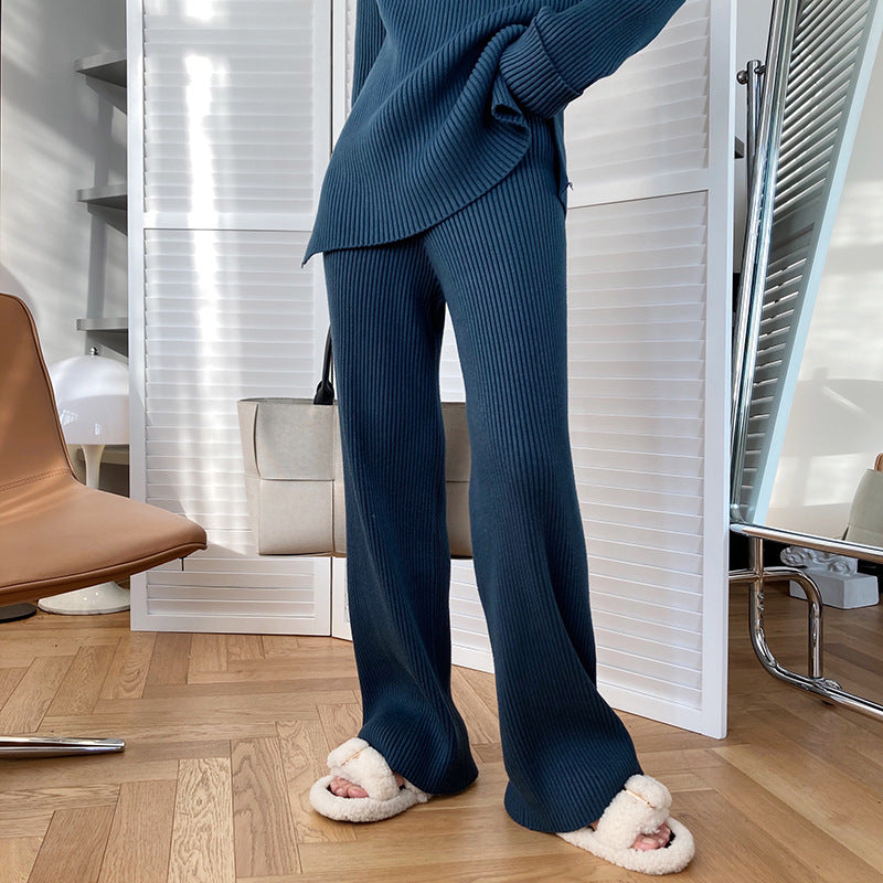 Autumn Winter Fashionable Side Slit Sweater Suit Thickened Knitting Wide Leg Pants Set Female