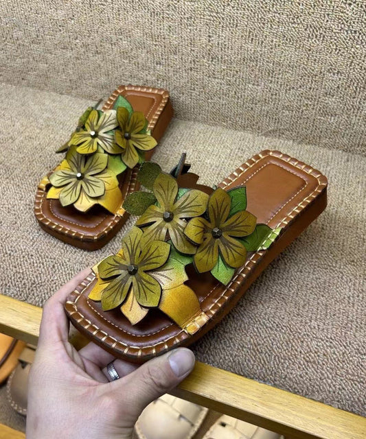 Handmade Cowhide Leather Yellow Green Slide Sandals Oi025