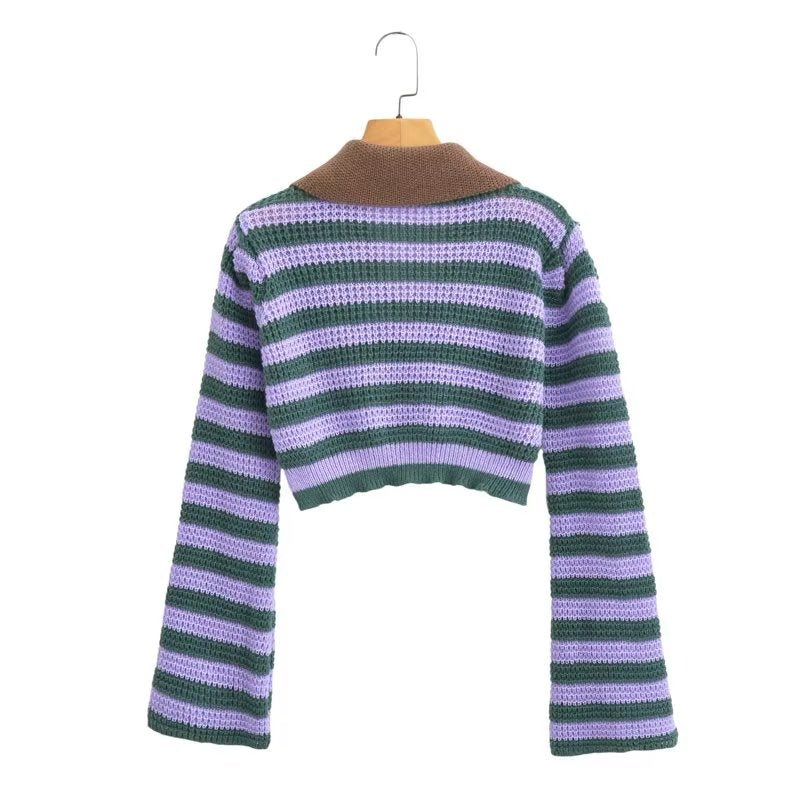 Stripe Contrast Color Lapels Knitted Cardigan – ’s Loose Short Top