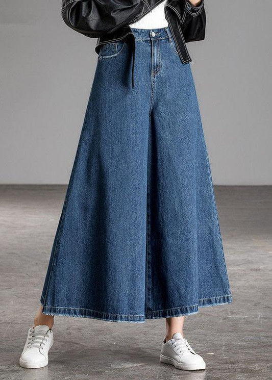 Blue High Waist Pockets Wide Leg Fall Denim Pants