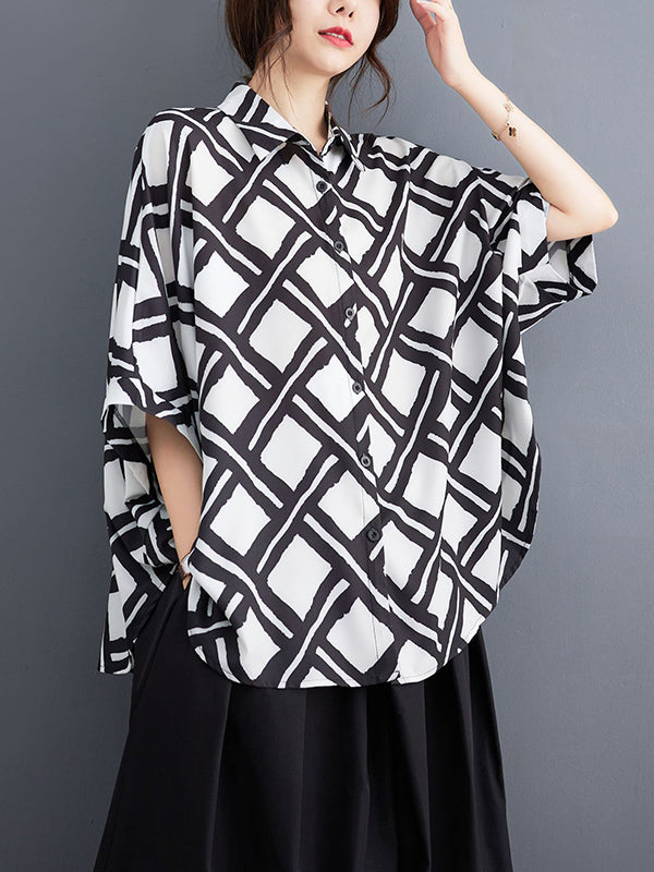 Batwing Sleeves High-low Buttoned Plaid Printed Lapel Blouses&shirts Tops