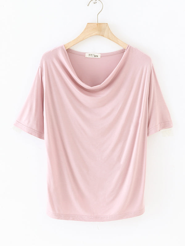 Short Sleeves Pleated Color Heaps Collar T-shirts Tops