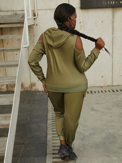 Hooded Collar Cut Out Side Pocket Tracksuit Set Autumn Winter Round Neck Long Sleeve Two Pieces Pants Sets for